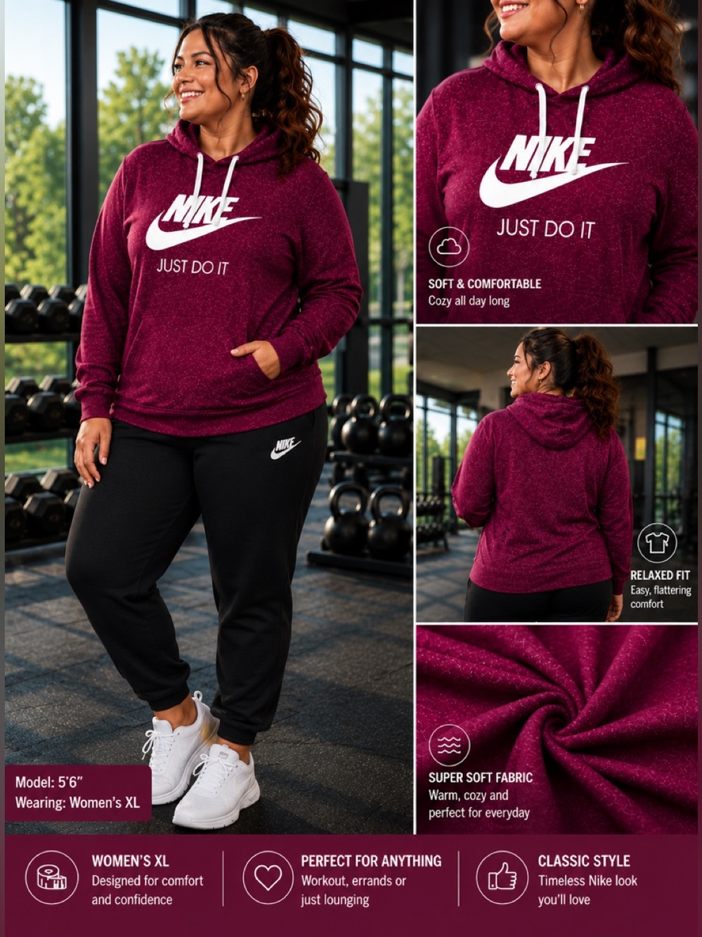 Nike Women's Maroon 'Just Do It' Pullover Hoodie with Nike black joggers outfit